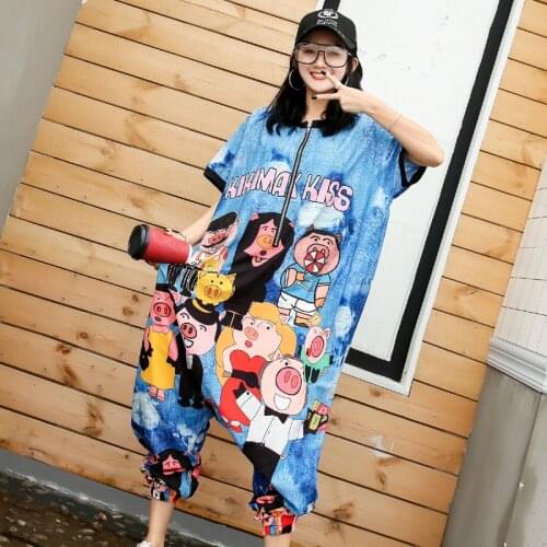 2020 new summer casual loose jumpsuit harem pants cartoon printed street was thin short-sleeved jumpsuit tide personality women