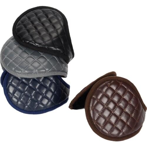 2021 Unisex Men Women Winter Pu Leather Plaid Keep Stay Warm Earmuffs Thick Plush Cloth Wrap Cover Ear Muffs Band Warmer Earflap