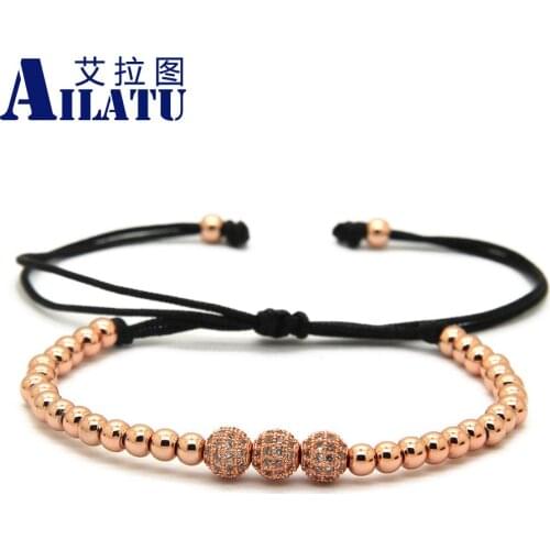 Ailatu High Quality 6mm Clear Zircons Pave 3 Ball CZ Beads Braiding Bracelet High Grade Jewelry for Party Gift