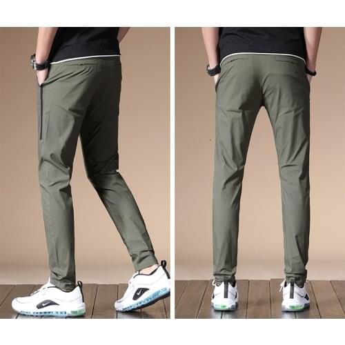 Obrix Male Mid Waist Sport Casual Trousers Straight Office Work Solid Pattern Young Fashion Stretch Pants For Men