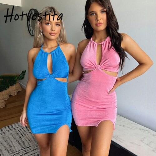 Hotvestita 2021 New Summer Woman Fashion Sexy Backless Mini Dress Halter Bandage Sleeveless Bodycon Hollow Out Party Club Dress