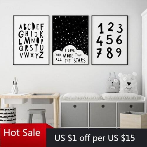 Canvas Painting Print Wall Decor Art Cartoon Black and White Alphabet Arabic Numerals Poster for Modern Room Decor Pictures