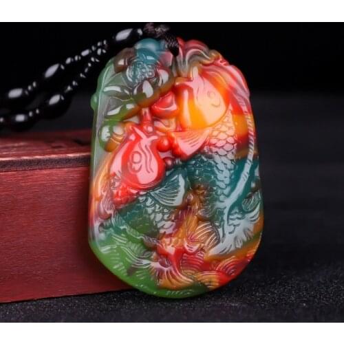Chinese Xinjiang Colorful Jade Carp Pendant Necklace Jewellery Fashion Accessories Hand-Carved Woman Luck Amulet Sweater Chain