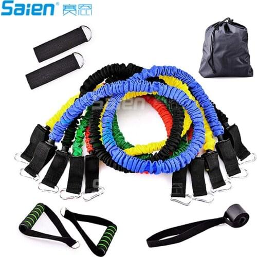 Resistance Bands Set 11 Pieces include 5 Stackable Exercise Bands with Door Anchor, Ankle Straps, Foam Handles and Carrying Bag
