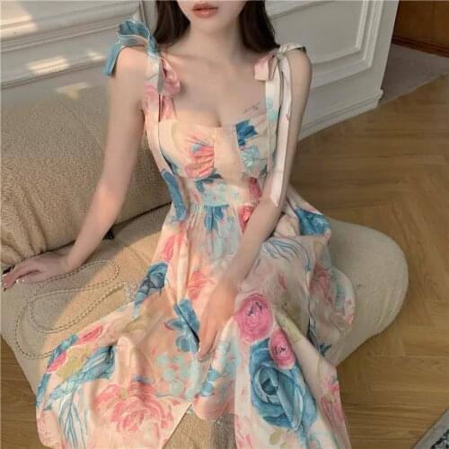 Fashion Bow Straps Sexy Summer Dress Women Backless Midi Dresses Floral Elegant Sleeveless dress Womens Party Dress Robe
