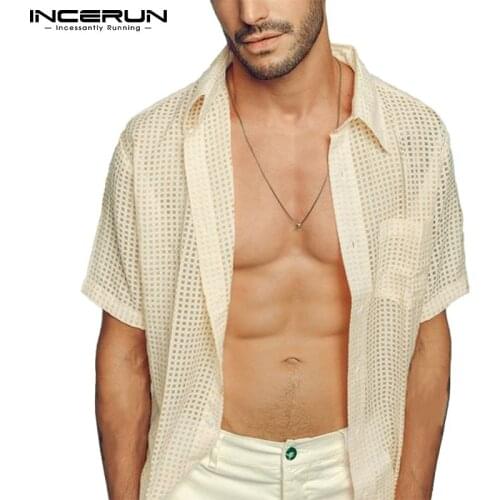 INCERUN 2021 Men Shirt Mesh Transparent Turn Down Collar Short Sleeve Streetwear Sexy Fashion Casual Men Clothing Camisas S-5XL