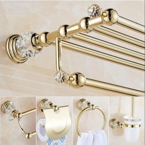 Clear Crystal Bathroom Accessories Sets Silver Polished Gold Towel Rack Toilet Brush Holder Solid Brass Bathroom Hardware Sets