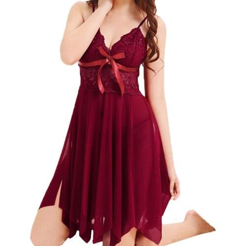 Sexy Lingerie Erotic V-neck Sleeveless Sexy Night Dress Bow Lace Womens Nightie Transparent Lace Underwear Babydoll Sleepwear