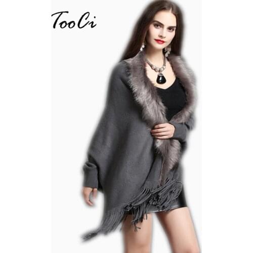 New Spring Womens Fake Fox Fur Coat Cashmere Sweater Poncho Gray Women Gray Long Thick Knitted tassel Cardigan Capes