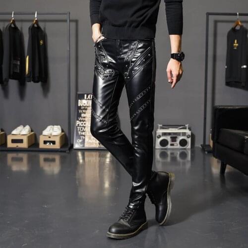 2020 new mens autumn season thick slim-fit skinny leather pants teen rivet zipper fashion casual PU leather pants