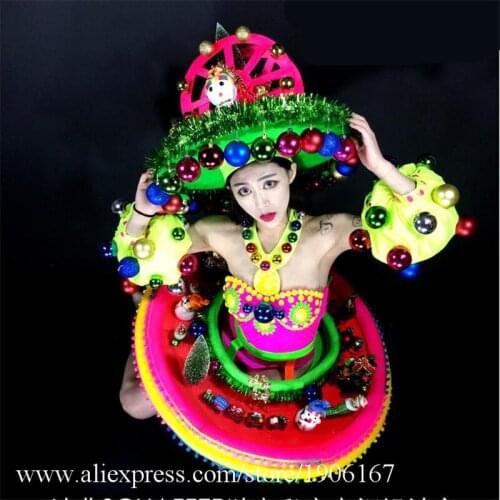 New Design Colorful Fluorescent Christmas Performance Clothes TV Show Nightclub New Year Party Dress With Masquerade Headwear