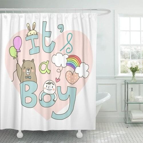 Baby Announcement with Cute Boy and Teddy Bear Holding Balloons Hearts Rainbow Rabbit to Celebrate Good Shower Curtain Polyester