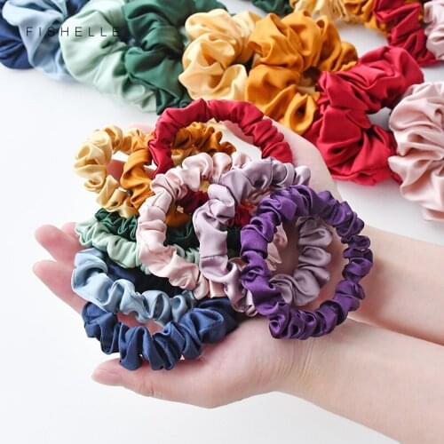 Skinny high quality solid color pure silk 1.5cm small scrunchies 100% real Silk Satin scrunchie for women ladies hair ties girls