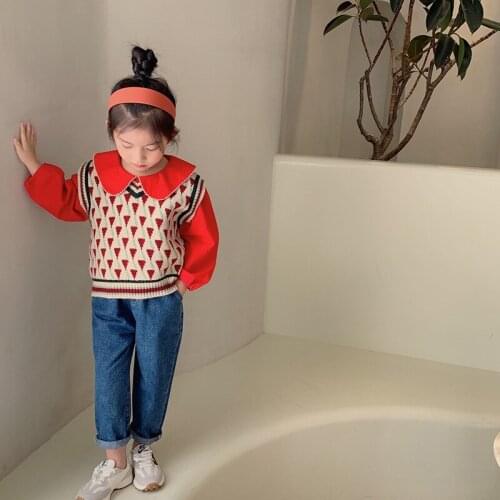 Girls Long-Sleeved Shirt 2021 Autumn New Childrens Clothing Little Girls Western Style Red Lapel Doll Shirt