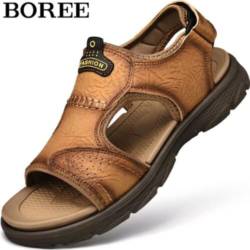 Big Size Summer Sandals Men New Split Leather Sandals Classic Roman Beach Shoes Sewing Velcro Sandals Outdoor Men Casual Shoes