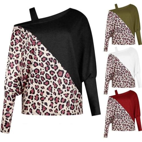 Women Fashion Casual Long Sleeve Blouse Leopard Print Winter One Shoulder Lantern Sleeve Pullover Top Streetwear Daily Office