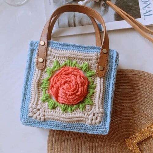 Original Design Retro Style Women Shoulder Bag Yarn Crochet Handmade Rose Flower Lady Shopping Handbag