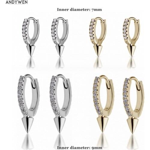 ANDYWEN 925 Sterling Silver 9MM Middle Spike Huggies Hoops Women Rock Punk Circle Round CZ Zircon Crystal Women Ear Jewelry