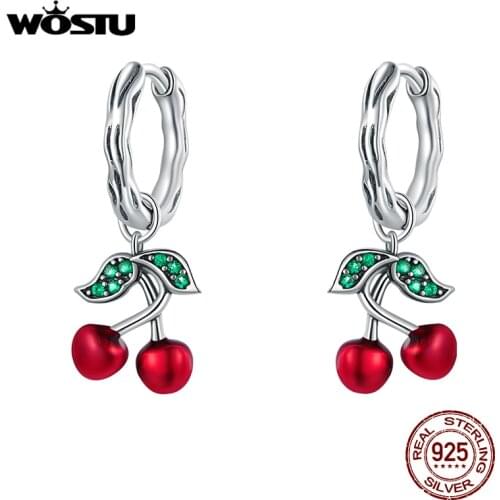 WOSTU Summer New 100% 925 Sterling Silver Sweet Cherry Drop Earrings for Women Red Enamel Fashion Silver Earrings Jewelry CQE905
