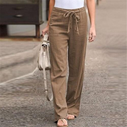 Plus Size Cotton Linen Wide Leg Pants Women 2020 Fashion High Elastic Waist Casual Trousers Loose Pockets Vintage Pantalon