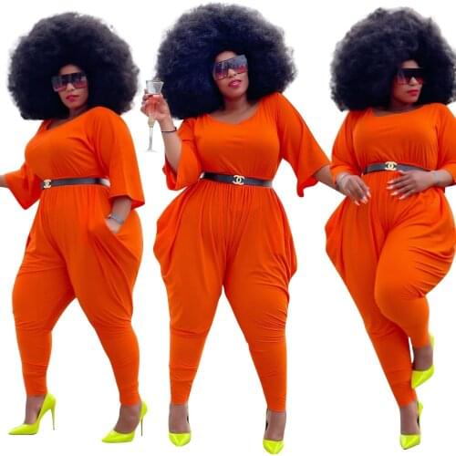 Plus Size Jumpsuit Rompers Women Elegant Long Sleeve Clubwear Casual Loose Pocket Long Playsuit Birthday Orange Outfits 4XL