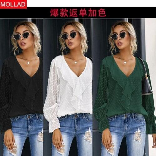 Solid Color and V-neck Pullover Ruffled Lantern Sleeves Temperament Commute Loose Chiffon 2021 Autumn Womens Top
