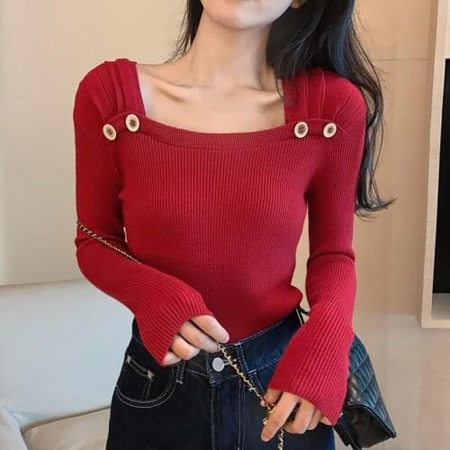 Ropa Mujer Square Collar Knitwear Sweater Women Long Sleeve Button Korean Fashion 2021 Spring Woman Sweaters White Pullovers