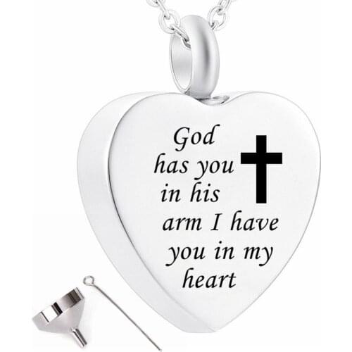 God has You in his arms with Cross Charm Cremation Ashes Jewelry Keepsake Memorial Urn Necklace with Gift Velvet bag