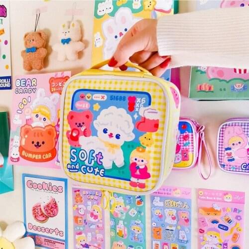1PC Portable Large Capacity Cosmetic Bag Cartoon Cute Square Girl Heart PU Leather Cosmetic Storage Bag Best-Selling