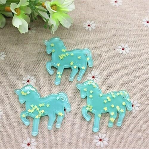 10pcs Cute Cartoon Light Blue Unicorn Glitter Star Filled Flatback Cabochon Miniature Art Supply DIY Craft Scrapbooking,39*40mm