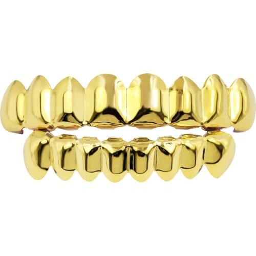 18k Gold Plated Hip Hop Teeth Grils Top & Bottom 8 Grill Set Halloween