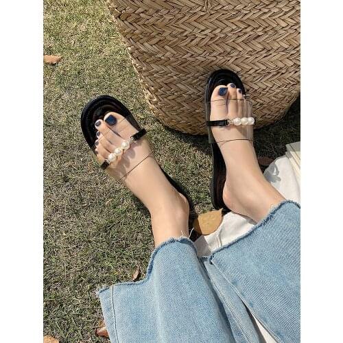 2021 summer new ladies slippers Korean casual transparent flat pearl slippers light and comfortable large size 35-40