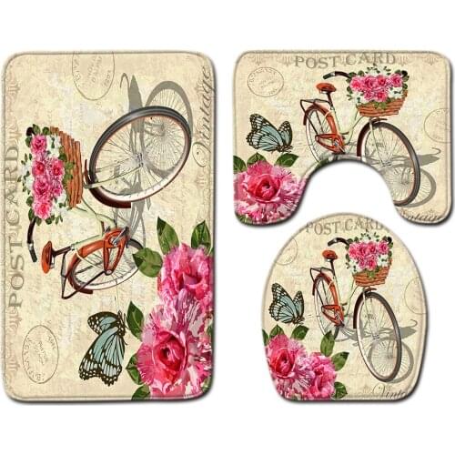 3pcs/set Vintage Cartoon Print Anti-slip Bathroom Floor Mat Home Decor Shower Non-Slip Rug Bath Door Mats Flower Pattern