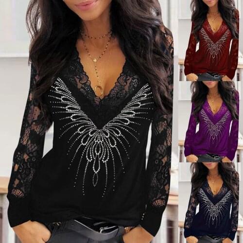40# Sexy Lace Blouses Womens Splicing Sequins Elegant Tee Top V-neck Long Sleeves Vintage Casual Blouses Блузка Женская