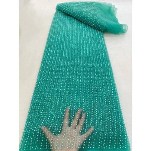 5yards/pc) High quality green African beads tulle lace with tube beads and pearls French net lace fabric for party dress FRX057