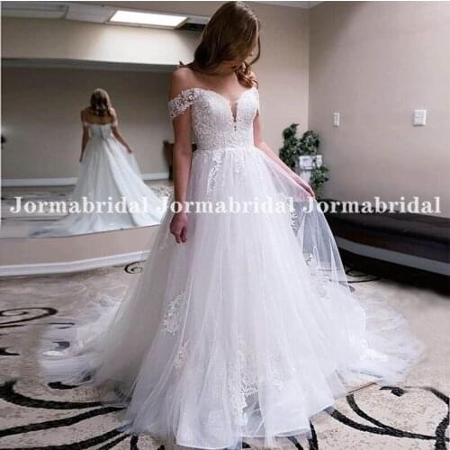 Off The Shoulder Glitter Sparkle Tulle Wedding Dress With Lace Appliques 2021 Romantic Corset Back White Customize Bridal Gowns