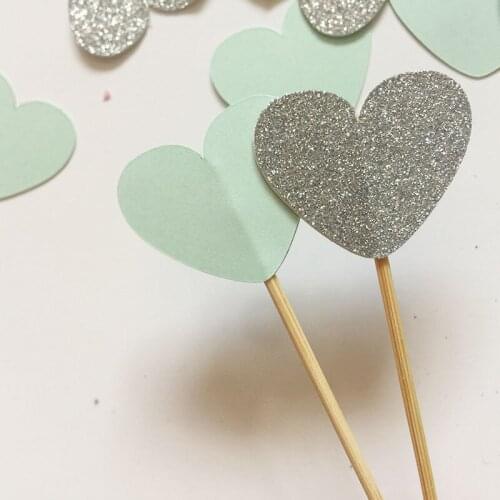 Glitter Silver/Mint double-sided Heart 1in Cupcake Toppers Wedding Food Picks Engagement Party Favors Cake Decoration Supplies