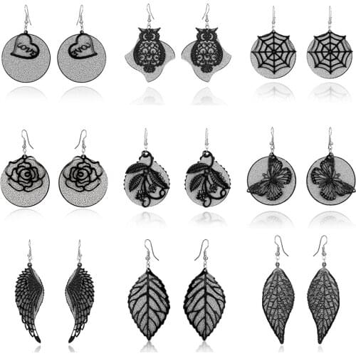 Bohemian Geometric Black Sexy Dangle Round Cutout Heart LOVE Wings Owl Leaves Scrub Women New Fashion Drop Earrings Jewelry