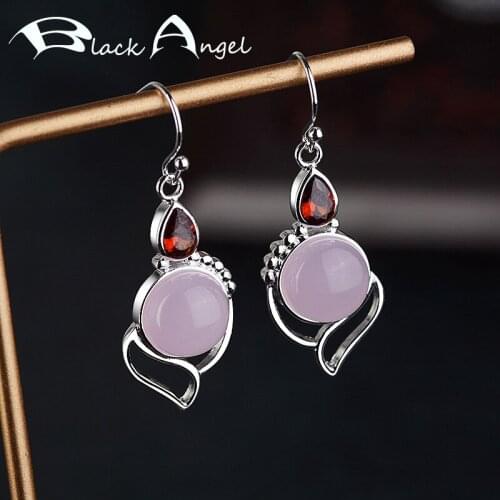 BLACK ANGEL 2020 New Silver 925 Round Rose Quartz Ruby Ethnic Drop Earrings Jewelry Women Party Gift Dropshipping
