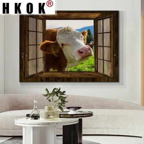 HKOK Cow Window Canvas Prints Abstract Spray Painting Animal Posters HD Pictures Modern Wall Art Living Room Home Decor