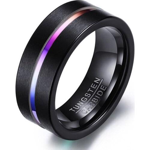 8MM Black Tungsten Carbide Rings Male Female Anniversary Wedding Band Grooved with Rainbow Color Gay Ring