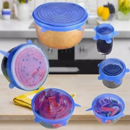 6pcs Fruit Food Saran Wrap Stretch Vacuum Silicon Cover Kitchen Storage Reusable Organization Keep Fresh Seal Lid Bowl Container