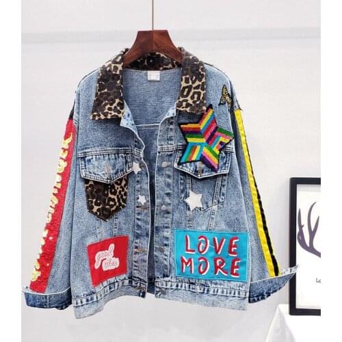 Womens autumn winter casual loose letter star patchwork denim jacket female high waist punk leopard plus size jean jacket TB803