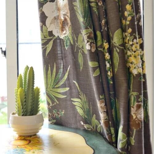 Mosaic American Country Dark Coffee Color Cotton and Linen Semi Blackout Curtains for Living Dining Room Bedroom