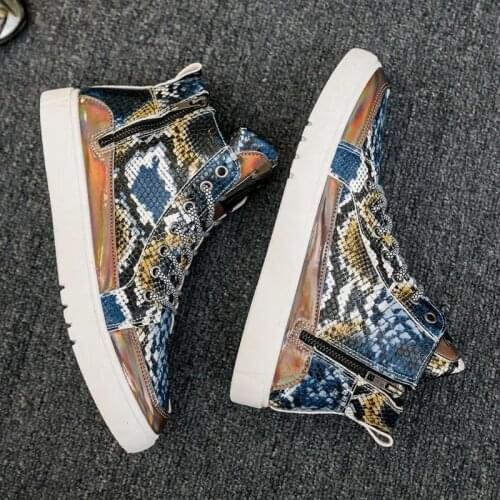 New Cool Leopard Print Men Casual Shoes High-top Male Sneaker Lace-up Sequins Snake Scale Shoes Punk style Size 39-44