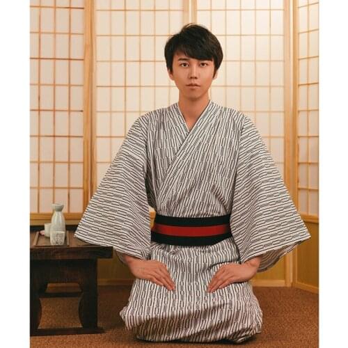 Men Samurai Kimono Japanese Home Wear Costumes Loose Cotton Black Yukata Traditional Clothing Pajamas Nightgown Robe