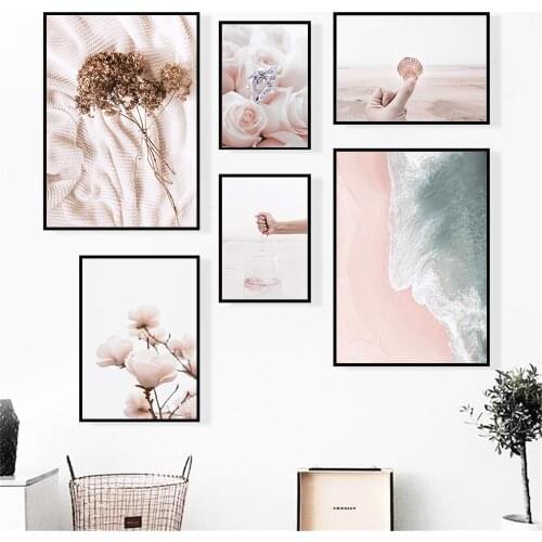 Pink Flowers Beach Wall Art Poster Dried Flower Art Print Shell Sandbeach Canvas Painting Nordic Pictures Living Room Home Decor