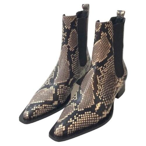 2019 New Hot Girls Cheap High Quality Python Snake Skin Pointed Toe Pu 3 cm Square Heels Slip On Short Martin Ankle Boots Lady