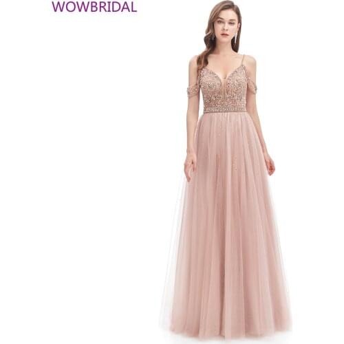 2021 New Elegant Rhinestone Sling Drop Shoulder Sleeve Deep V-neck Halter Sleeveless A-line Floor Length Formal Evening Dress