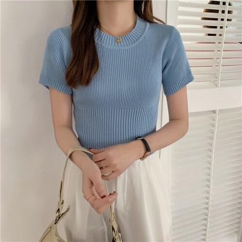 2021 Spring summer new Short sleeve Cashmere sweater womens O-neck knit bottoming shirt female pullover top